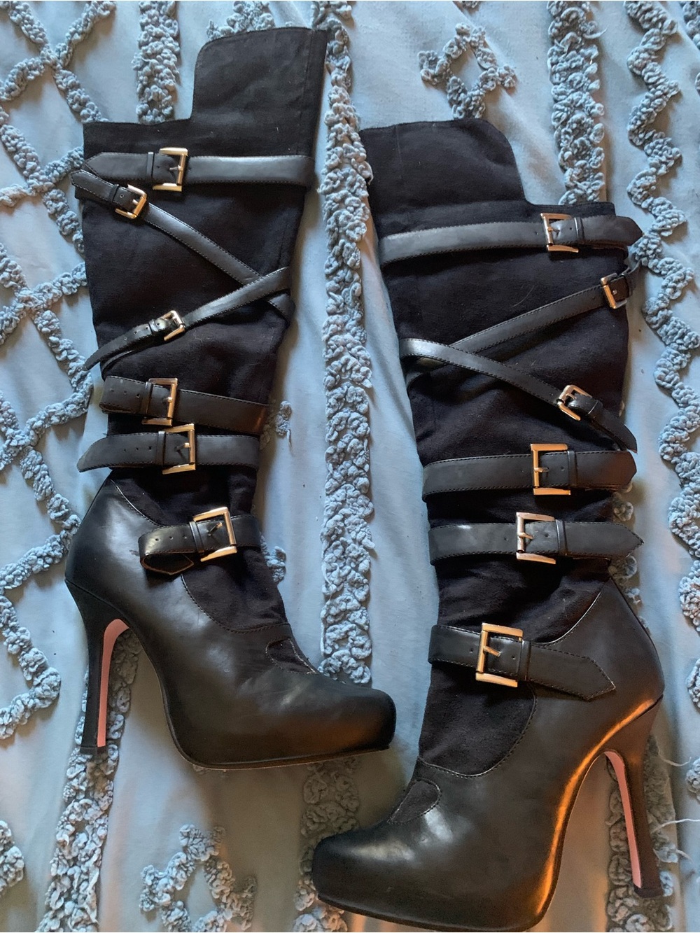 Leg Avenue Black Bandit Knee High Boots with Buckle-Straps and 4.5 Inch Stiletto